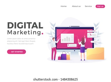 Modern flat design concept of Digital Marketing Landing page with decorated small people character