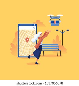 Modern flat design concept of Drone delivery service for website and mobile website. Quadcopter flying over a map and carrying a package to customer.
