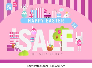 Modern Flat Design Concept of Easter Sale – Storefront of Spring Shop on Pink Background with Easter Bunnies and Colored Eggs. Vector Illustration for Mobile Apps and Web Site Design.