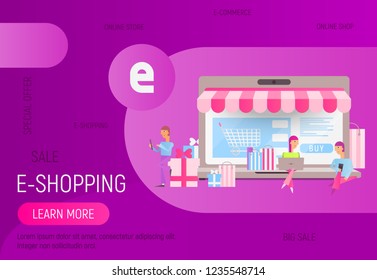 Modern Flat Design Concept of E-commerce Online  -  Young Men and Women  who do Mobile Shopping in front of Huge Laptop. Vector Illustration for Web Page, Social Media and Landing Page.