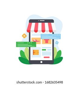 Modern Flat Design Concept of E-commerce Online. Mobile shopping rating. Vector Illustration for Web Page, mobile app, banner etc.