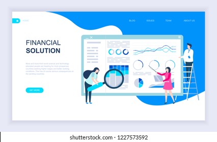 Moderno concepto de diseño plano de Soluciones Financieras con personajes decorados para pequeñas personas para el desarrollo de sitios web y sitios web móviles. Diseño UI y UX. Plantilla de página de destino. Ilustración vectorial.