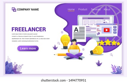 Modern flat design concept of Freelancer with a young man sitting using his laptop. Can use for banner, mobile app, landing page, web design template. Flat vector illustration