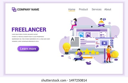 Modern flat design concept of Freelancer, blogger, content creator, copy writer with characters using device. Can use for banner, landing page, web design template. Flat vector illustration