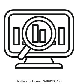 Modern flat design concept icon for data analysis, statistics, and business research with computer monitor, charts, magnifying glass, and vector illustration