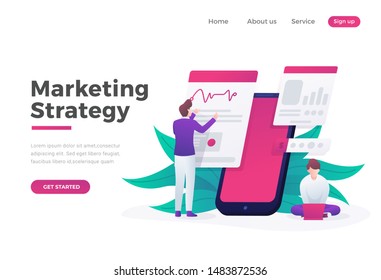 Modern flat design concept Illustration of Marketing Strategy Landing page with some Character Playing Smartphone. Landing page template. Vector illustration