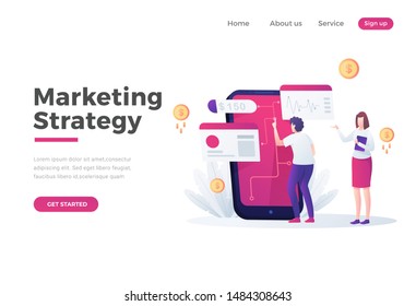 Modern flat design concept Illustration of Marketing Strategy Landing page with some Character and Smartphone . UI and UX design. Landing page template. Vector illustration