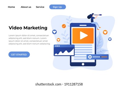 Concepto moderno de diseño plano Ilustración de la página de aterrizaje de Video Marketing. Ilustración del vector