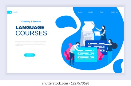 Modern flat design concept of Language Courses with decorated small people character for website and mobile website development. UI and UX design. Landing page template. Vector illustration.