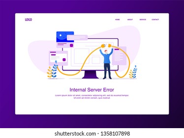 Concepto moderno de diseño plano de hombre tratando de menyambung kabel de su monitor, error interno de servidor para sitio web y sitio web móvil. Plantilla de página de error