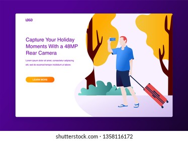 Modern flat design concept. Man traveler using smartphone to taking picture, for website and mobile website. Landing page template