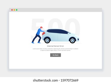 Modern flat design concept of man pushing a broke down car for website and mobile website. empty states page template