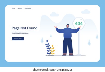 Modern Flat Design Concept Man With Confused Gestures Standing In Front Of 404 Sign, Page Not Found For Website And Mobile Site. Empty States