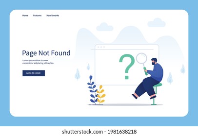 Modern Flat Design Concept Man Sitting Holding Magnifying Glass, Page Not Found For Websites And Mobile Sites. Empty States