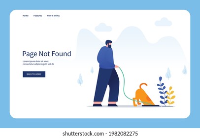 Modern Flat Design Concept Man And His Dog Looking For Something In The Hole, Page Not Found For Websites And Mobile Sites. Empty States