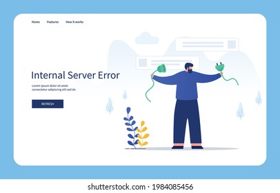 Modern Flat Design Concept Man Holding Broken Cable, Internal Server Error For Website And Mobile Site. Empty States