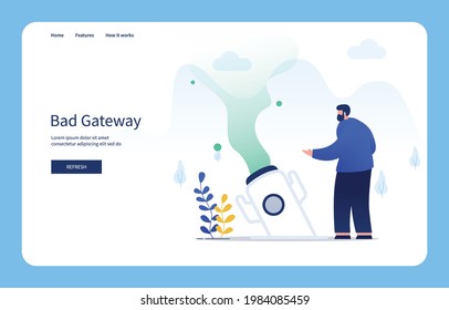 Modern Flat Design Concept Man Watching Rocket Fall, Bad Gateway For Website And Mobile Site. Empty States