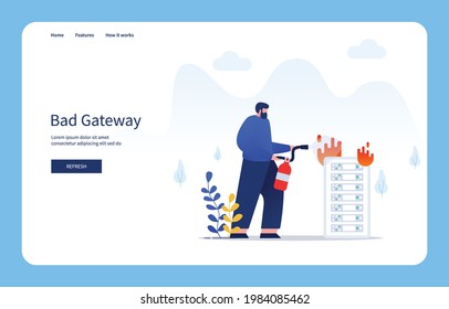 Modern Flat Design Concept Man Putting Out Fire On The Server Using Fire Extinguisher, Bad Gateway For Website And Mobile Site. Empty States