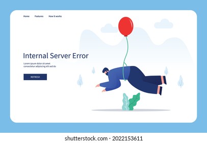 Modernes Flachdesign-Konzept, Mann fliegend mit Ballon. Interner Serverfehler bei Website und Mobilfunk-Website. Leerer Staat