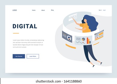 Modern flat design concept of marketing for banner and website, landing page template. Strategy and management,analysis, development. Girl designer freelancer develops business application online.