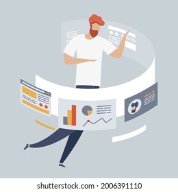 Modernes flaches Design-Konzept für Marketing für Banner und Website, Landing Page Template. Strategie und Management, Analyse, Entwicklung. Men Designer Freelancer entwickelt Business-Applikationen online.