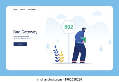 Modern Flat Design Concept Men Leaving The 502 Sign, Bad Gateway For Website And Mobile Site. Empty States