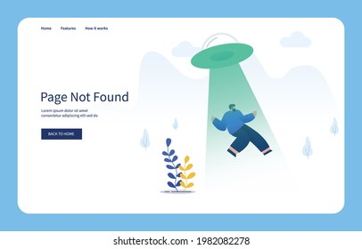 Modern Flat Design Concept Men Kidnapped By UFO, Page Not Found For Websites And Mobile Sites. Empty States