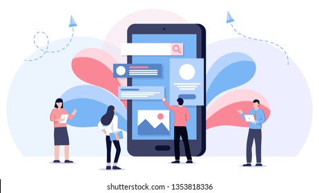 Modern flat design concept of mobile app design. user interface development concept - small people building website with blocks in the browser window. Creative UI/UX Design vector illustration