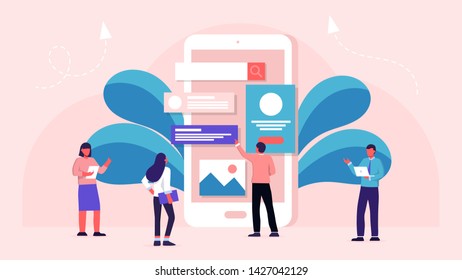 Modern flat design concept of mobile app design. user interface development concept - small people building website with blocks in the browser window. Creative UI/UX Design vector illustration