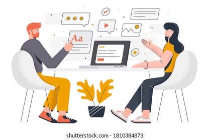 Modern flat design concept of Office work. Young man and woman working together on project. Office work and time management. Easy to edit and customize. Vector illustration