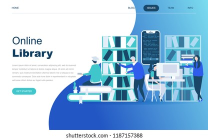 Modern flat design concept of Online Library for website and mobile website development. Landing page template. Technology and literature, digital culture on media library. Vector illustration.