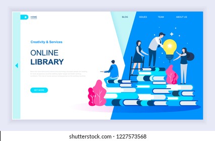 Modern flat design concept of Online Library with decorated small people character for website and mobile website development. UI and UX design. Landing page template. Vector illustration.