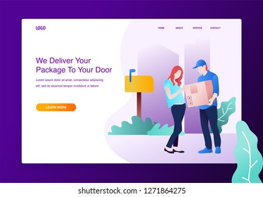 Modern flat design concept of online shipping delivery, man gives a woman a box for website and mobile website. Landing page template