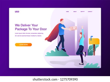 Modern flat design concept of online shipping, delivery service. Happy woman waiting for his parcel from super-man, for website and mobile website. Landing page template