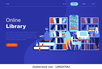 Modern flat design concept of Online Library for website and mobile website development. Landing page template. Technology and literature, digital culture on media library. Vector illustration.