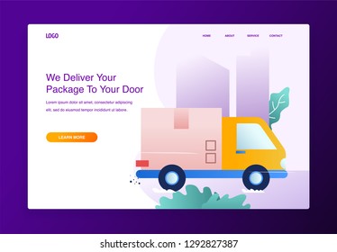 Modern flat design concept of online shipping, delivery service with pickup truck and cardboard boxes for website and mobile website. Landing page template