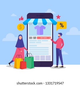 Modern flat design concept of Online Shopping with small people character Making Purchases using Mobile Phones