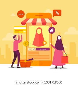Modern flat design concept of Online Shopping with small people character Making Purchases using Mobile Phones