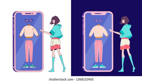 Modern flat design concept of Online Shopping with young girl who choosing clothes. Commercial checkout pay, ecommerce retail on device for customer application. Modern concept characters illustration