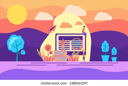 Modern flat design concept of online education on outdoor illustration. Modern illustration conceptual for banner, flyer, promotion, marketing material, online advertising, business presentation