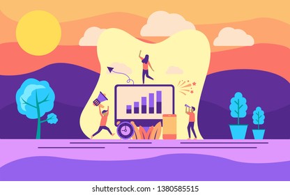 Modern flat design concept of online marketing on outdoor illustration. Modern illustration conceptual for banner, flyer, promotion, marketing material, online advertising, business presentation