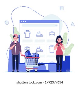 Moderno concepto de diseño plano de las compras en línea con carácter de gente pequeña decorada. Ilustración vectorial plana