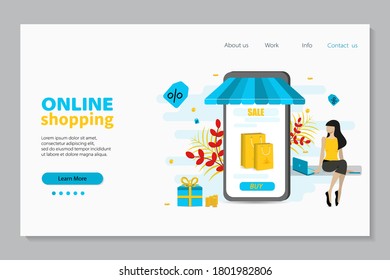 Concepto moderno de diseño plano de las compras en línea para el desarrollo de sitios web y sitios web móviles. Plantilla de página de inicio. Ilustración vectorial.