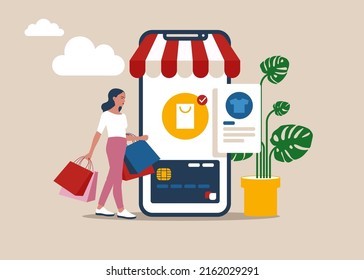 Concepto moderno de diseño plano de compras en línea con mujeres pequeñas, desarrollo de sitios web móviles. Diseño de interfaz de usuario y UX.