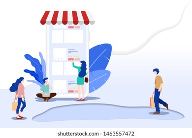 Modern flat design concept of people and Business Online Shopping for M-Commerce with decorated small people character. Landing page template for website and mobile website development UI, UX design.