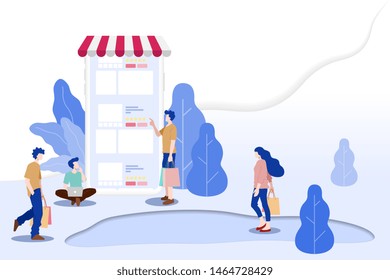 Modern flat design concept of people and Business Online Shopping for M-Commerce with decorated small people character. Landing page template for website and mobile website development UI, UX design.