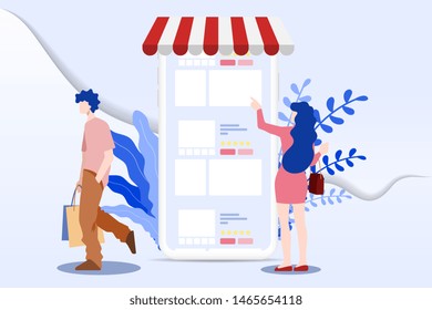 Modern flat design concept of people and Business Online Shopping for M-Commerce with decorated small people character. Landing page template for website and mobile website development UI, UX design.