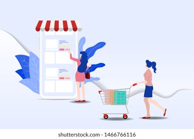 Modern flat design concept of people and Business Online Shopping for M-Commerce with decorated small people character. Landing page template for website and mobile website development UI, UX design.
