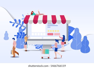 Modernes flaches Design-Konzept von Menschen und Business Online Shopping für M-Commerce mit dekorierten kleinen Menschen Charakter. Landing Page Template für Website und mobile Website Entwicklung UI, UX Design.