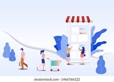Modern flat design concept of people and Business Online Shopping for M-Commerce with decorated small people character. Landing page template for website and mobile website development UI, UX design.